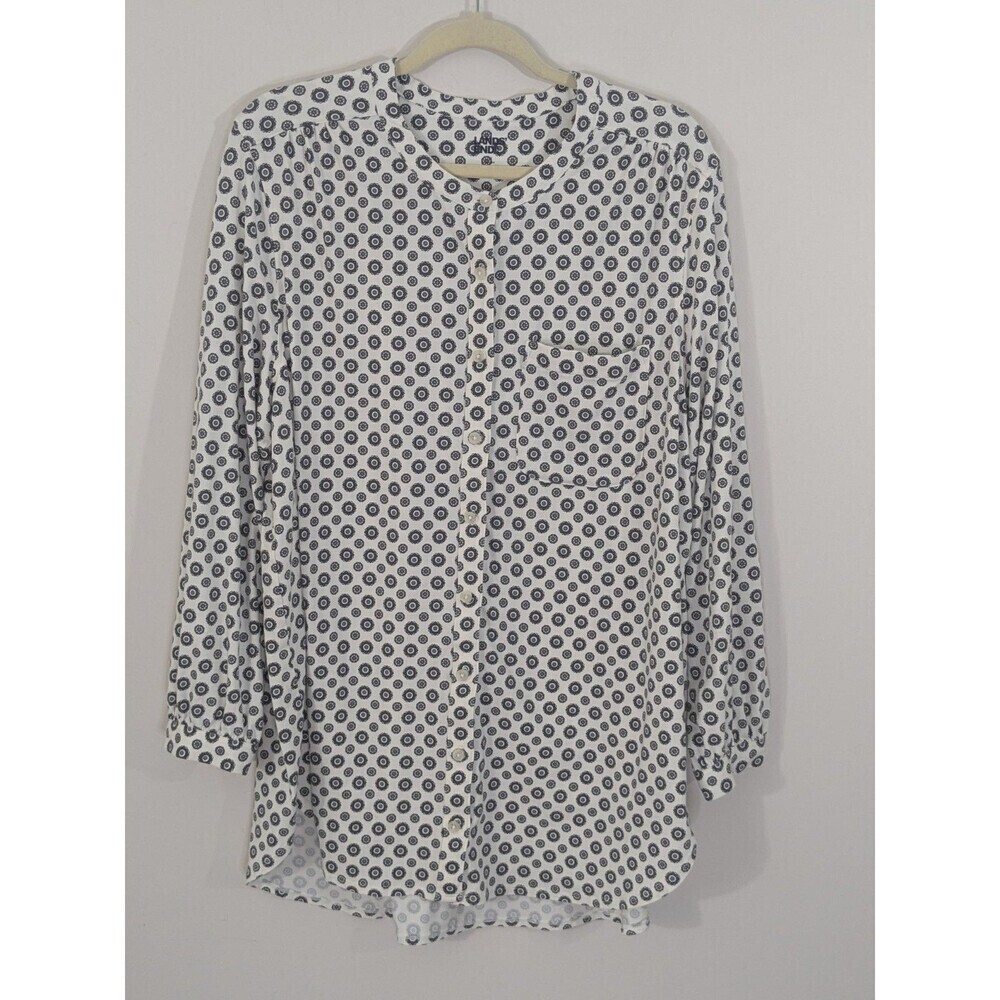 Lands End Sz 1X Blouse Shirt Button Down Top White Gray Geometric Print Career - Picture 3 of 8